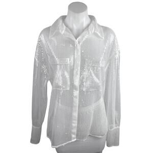 Chosen by KYHA Team 24 White Sequin Pockets Button Down Sheer Blouse Shirt Top L
